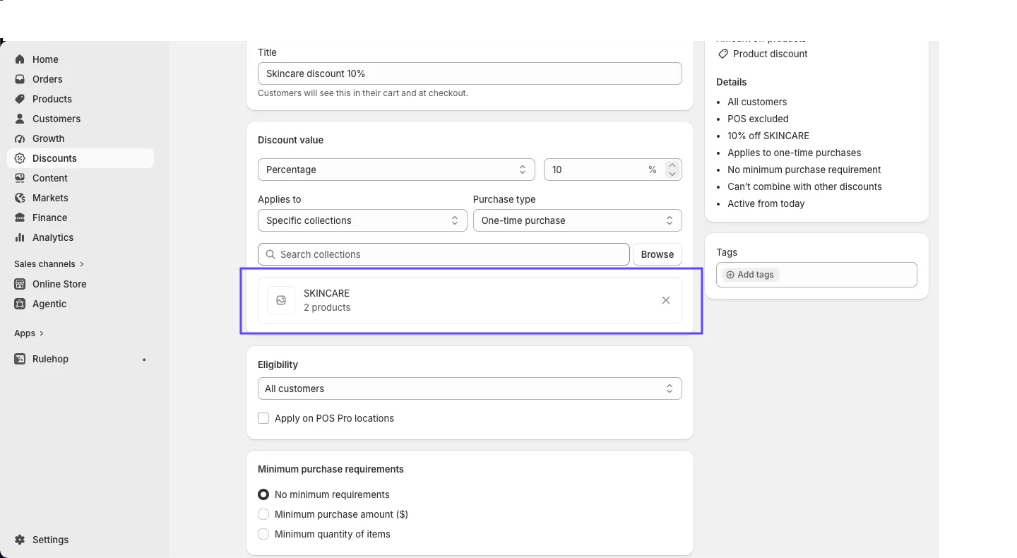 The Applies to setting set to Specific collections with the SKINCARE collection selected. Nothing on the screen offers a way to exclude a collection.