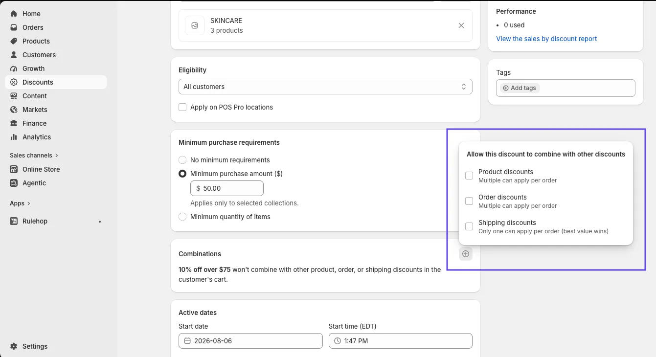 The Combinations section in its default state, reading “won’t combine with other product, order, or shipping discounts in the customer’s cart”, with the ⊕ popover open beside it and all three boxes unticked.
