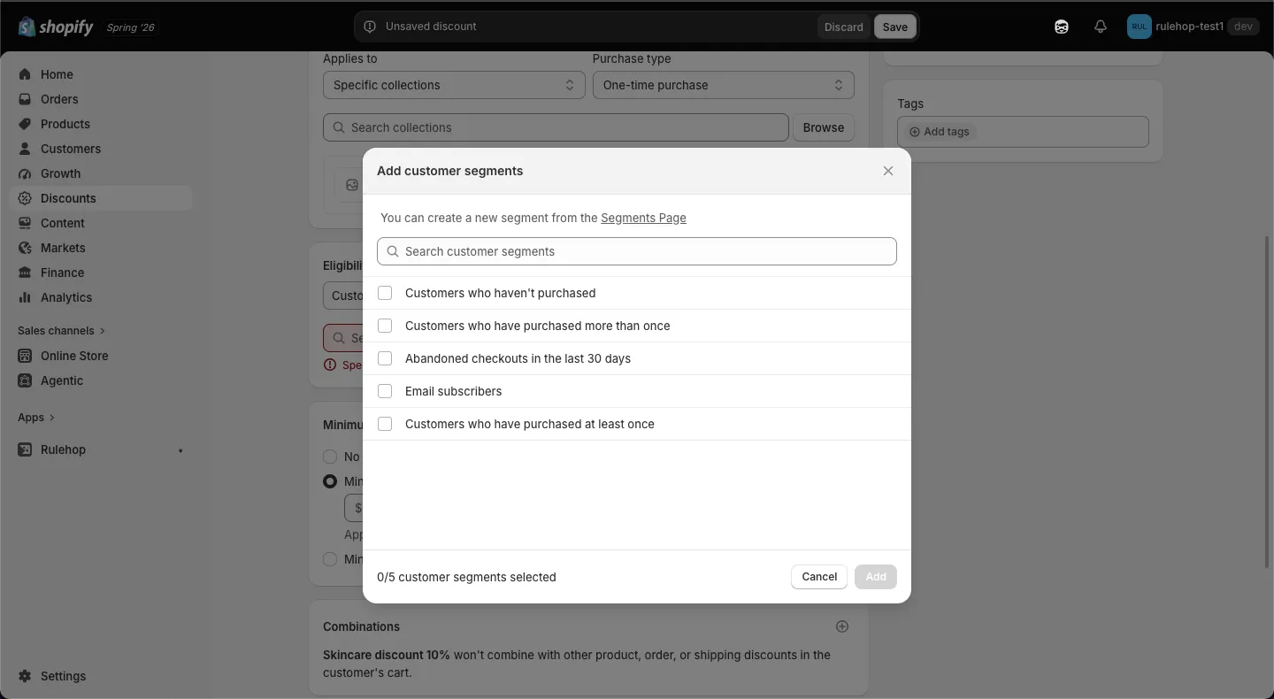 The “Add customer segments” dialog. Beneath the heading, the line “You can create a new segment from the Segments Page”, then a search box, then Shopify’s five ready-made segments — Customers who haven’t purchased, Customers who have purchased more than once, Abandoned checkouts in the last 30 days, Email subscribers, and Customers who have purchased at least once — each with an unticked checkbox.
