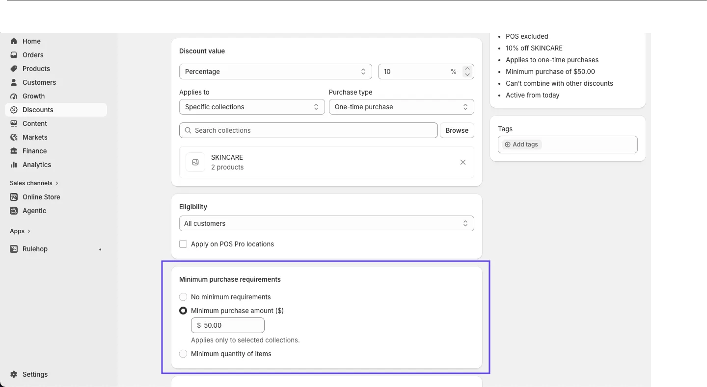 The Minimum purchase requirements radio group — No minimum, Minimum purchase amount, Minimum quantity of items — with the amount selected and “Applies only to selected collections” shown underneath.