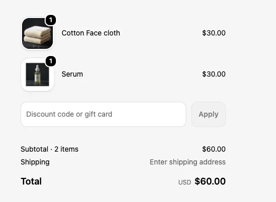 The same $60 checkout with one Serum swapped for a Cotton Face cloth. No discount line appears and the total stays $60.00.